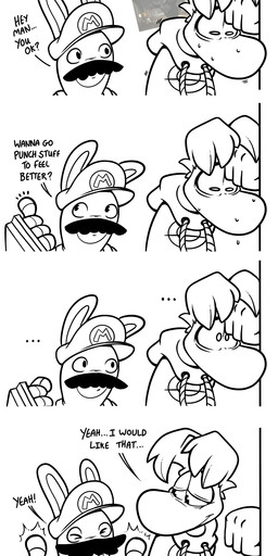 4_fingers 4_panel_comic anthro big_nose black_eyes black_facial_hair black_mustache bodily_fluids closed_smile clothed clothed_humanoid clothed_male clothing dialogue duo ellipsis eyes_closed facial_hair fingers floating_hands floating_head gauntlets_(weapon) hair hoodie larger_humanoid larger_male leaning_on_wall long_ears looking_at_another looking_back looking_back_at_another male male_anthro male_humanoid memories motion_lines mouth_closed mustache noseless open_mouth open_smile pupils screencap shaking short_hair simple_background size_difference smaller_anthro smaller_male smile smiling_at_another sweat sweaty_face talking_to_another teeth text topwear traumatized trembling wall_(structure) white_background white_hair white_pupils raygirl mario_bros mario_plus_rabbids_kingdom_battle mario_plus_rabbids_sparks_of_hope nintendo raving_rabbids rayman_(series) ubisoft rabbid_mario rayman serguei humanoid lagomorph mammal rabbid raypeople_(rayman) 2023 black_and_white comic crossover digital_media_(artwork) english_description english_text flat_colors hi_res monochrome