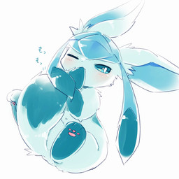 3_toes :3 ambiguous_feral ambiguous_gender big_ears blue_body blue_ears blue_eyes blue_fur blue_inner_ear blue_tail blue_tail_tip blush blush_lines dipstick_tail featureless_crotch feet feral fluffy fluffy_tail front_view fur hand_on_tail hindpaw holding_own_tail holding_tail kemono leg_markings looking_at_viewer lying markings multicolored_body multicolored_fur multicolored_tail no_sclera nom nom_(sound_effect) on_back one_eye_closed pawpads paws pink_pawpads pupils quadruped simple_background socks_(marking) solo tail tail_markings tail_nom text toes two_tone_body two_tone_fur two_tone_tail white_background white_pupils suppainu nintendo pokemon eeveelution generation_4_pokemon glaceon mammal pokemon_(species) 1:1 2018 colored digital_media_(artwork) full-length_portrait hi_res japanese_text portrait shaded