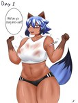 anthro athletic_wear big_breasts blue_hair bottomwear breasts brown_body brown_fur camel_toe clothed clothing crop_top dialogue dipstick_tail female fur gloves_(marking) hair injection markings midriff multicolored_eyes navel nipples offscreen_character open_mouth shirt short_hair shorts simple_background solo syringe tail tail_markings text topwear translucent translucent_clothing translucent_shirt translucent_topwear underwear white_background jimmynimha brand_new_animal studio_trigger michiru_kagemori canid canine mammal raccoon_dog tanuki absurd_res english_text hi_res