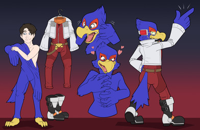 anthro beak blue_body blue_eyes blue_feathers boots bottomwear brown_hair butt clothed clothing consensual_transformation costume eyewear feathers footwear hair hand_on_chest happy headgear headwear heart_symbol hung_clothing jacket male mask motion_lines multicolored_body multicolored_feathers open_clothing open_jacket open_mouth open_smile open_topwear pants red_bottomwear red_clothing red_pants red_shirt red_topwear shirt shoes simple_background smile solo suit_transformation tail tail_feathers tongue tongue_sleeve topwear transformation two_tone_body two_tone_feathers nearu-senpai nintendo star_fox falco_lombardi avian bird human mammal 2025 digital_drawing_(artwork) digital_media_(artwork) hi_res sequence widescreen