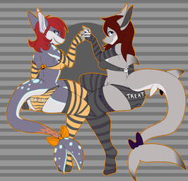 accessory anthro armwear bikini blue_eyes bow_(feature) bow_accessory bow_ribbon breasts brown_hair butt clothed clothing duo elbow_gloves female furgonomics gloves hair handwear holidays legwear long_hair looking_at_viewer looking_back non-mammal_breasts piercing pose red_hair ribbons skimpy stockings swimwear tail tail_accessory tail_bow tail_ribbon text two-piece_swimsuit napalm_(artist) halloween ashlyn_nightchill tonilyn aquatic fish mackerel_shark shark thresher_shark 2013 digital_media_(artwork) english_text sibling_(lore) sister_(lore) sisters_(lore)