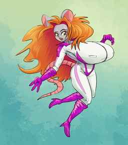 anthro big_breasts boots breasts clothing female footwear fur gloves grey_body grey_fur hair hair_intakes handwear high_heeled_boots high_heels huge_breasts long_hair orange_hair pink_boots pink_clothing pink_footwear pink_gloves pink_handwear racing_suit shoes solo tail white_jumpsuit yellow_eyes boker vacanti_(boker) mammal murid murine rat rodent full-length_portrait hi_res portrait