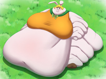 5_fingers anthro belly big_belly big_breasts blonde_hair blush boots bow_tie breasts brown_eyes clothed clothing day deep_navel female fingers footwear fur grass hair huge_belly huge_breasts hyper hyper_belly immobile morbidly_obese morbidly_obese_anthro morbidly_obese_female navel obese obese_anthro obese_female open_mouth outside overweight overweight_anthro overweight_female pink_nose pink_tongue plant shirt shoes sitting solo teeth tongue topwear white_body white_fur huwon one_piece carrot_(one_piece) lagomorph leporid mammal rabbit hi_res shaded