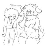 2_horns annoyed anthro arm_tuft asking_another asking_how big_breasts biped bottomwear breasts clothed clothed_male clothing curvy_anthro curvy_female curvy_figure derp_eyes dialogue duo eyebrow_through_hair eyebrows female front_view fully_clothed_human fully_clothed_male fur gesture hair head_horn horn leg_tuft logo logo_on_clothing male male_human narrowed_eyes naturally_censored neck_tuft nipple_tuft nude nude_anthro nude_female pants print_clothing question raised_eyebrows shirt simple_background standing tail text thick_thighs topwear translucent translucent_hair tuft white_background wide_hipped_anthro wide_hipped_female wool_(fur) erick1778 sheipy_(thewholof554) bovid caprine human mammal sheep 1:1 absurd_res black_and_white hi_res line_art monochrome signature spanish_text translated