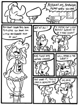 anthro camera clothing costume dialogue female group male male/female text trio david_hopkins amanda_royale avian bird canid canine fox lizard mammal reptile scalie comic english_text hi_res monochrome