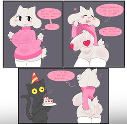 anthro big_breasts biped birthday black_body black_fur black_tail breast_drop breasts butt clothed clothing clothing_lift curvy_figure dialogue duo female fingers fur genitals hat hat_only headgear headgear_only headwear headwear_only huge_breasts imminent_sex legs_together male mostly_nude motion_lines motion_outline multiple_angles offering_sex pasties reveal revealing_breasts short_tail speech_bubble standing sweater sweater_lift tail tail_motion tailwag text thick_thighs topwear vulva white_body white_fur white_tail wide_hips yellow_sclera snazzle_snapp bovid caprine domestic_cat felid feline felis goat mammal comic english_text hi_res