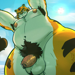 anthro flaccid genitals grin low-angle_view male nipples orange_body penis pubes smile solo toichibear animal_crossing nintendo rowan_(animal_crossing) felid mammal pantherine tiger 1:1 absurd_res hi_res