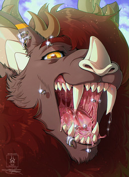 anthro bodily_fluids drooling fangs fur goo_in_mouth hair horn looking_at_viewer male mouth_shot open_mouth red_hair saliva simple_background slime smile solo teeth teeth_showing tongue seregore bat deer hybrid mammal new_world_deer reindeer absurd_res cel_shading hi_res shaded