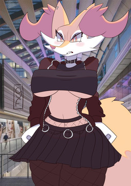 alternative_fashion angry anthro big_breasts blush blush_lines bottomwear breasts chain clothed clothing collar ear_piercing female fishnet_clothing fishnet_legwear fur goth inner_ear_fluff legwear looking_at_viewer mall mall_goth midriff_top mouth_piercing navel pants photo_background piercing red_body red_eyes skirt small_waist solo tail tail_over_skirt teeth topwear tuft under_boob yellow_body yellow_fur gamesfan nintendo pokemon braixen canid generation_6_pokemon mammal pokemon_(species) 2021 absurd_res digital_drawing_(artwork) digital_media_(artwork) hi_res photography_(artwork) signature
