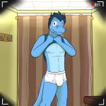 1:1 anthro blue_clothing blue_hair blue_shirt blue_topwear briefs bulge clothed clothing coat_hook fitting_room front_view fuze hair hi_res inside looking_at_viewer male nipples one_way_mirror recording scalie shirt solo standing tank_top tighty_whities topwear underwear vignette white_briefs white_clothing white_underwear