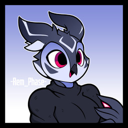 anthro beak black_clothing black_sweater black_topwear breasts clothed clothed_anthro clothed_female clothing female grey_body medium_breasts non-mammal_breasts pink_eyes solo sweater topwear rem_phase avian bird owl 1:1 2026 absurd_res hi_res