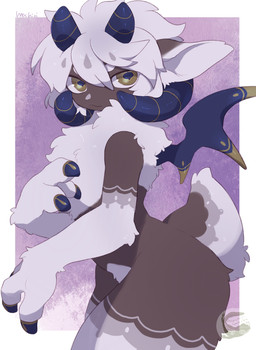 4_horns ambiguous_gender anthro blue_horn blue_wings brown_body brown_fur chest_tuft crotch_tuft curled_horn fur hair horn multi_horn solo tuft white_hair wings yellow_eyes mochiri bovid caprine mammal absurd_res hi_res
