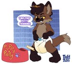 anthro black_eyes bodily_fluids brown_body brown_fur cheek_tuft clothed clothing diaper diaper_only dipstick_ears ear_markings facial_tuft fangs fur genital_fluids grabbing_diaper half-closed_eyes hand_on_diaper looking_down male multicolored_ears narrowed_eyes potty_chair smug solo standing tail teeth topless touching_diaper tuft unclean_diaper urine used_diaper using_diaper wearing_diaper wet_diaper wetting wetting_diaper young toby_tiger canid canine canis mammal wolf hi_res