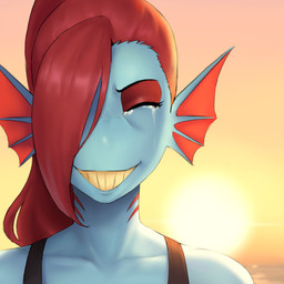 beach blue_body bodily_fluids clothing collarbone eyebrows eyelashes eyes_closed female frill_(anatomy) hair red_hair smile solo sunset tears meruzis undertale_(series) undyne animal_humanoid aquatic aquatic_humanoid fish fish_humanoid humanoid 1:1 2025 absurd_res bust_portrait hi_res portrait