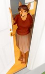 4_toes answering_door anthro barefoot big_breasts bottomwear breasts brown_hair clothed clothing door doorway erect_tail feet female fully_clothed fur hair hand_behind_back long_skirt looking_at_viewer open_mouth opening_door orange_eyes red_clothing red_shirt red_topwear shirt skirt solo standing t-shirt tail tan_body tan_bottomwear tan_clothing tan_fur tan_skirt toes topwear innunammi canid canine canis mammal wolf 2020 absurd_res digital_media_(artwork) hi_res herm_(lore)