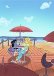anthro banana beach big_penis black_hair black_horn black_penis blonde_mane blue_body blue_fur blue_penis blue_scales blue_sky blush chair cloud day detailed_background digitigrade drinking drinking_straw duo eating eating_food erection eye_contact feet food foot_fetish foot_play footjob fruit fur furniture genital_piercing genitals hair hooves horn huge_penis humanoid_genitalia humanoid_penis ice_cream_sundae long_hair looking_at_another male male/male mane notched_ear nude on_chair outside parasol penis penis_piercing piercing pink_blush pink_nose plant sand scales sea sex silly_straw sitting sitting_at_table sitting_on_chair size_difference sky smile snout table tail tail_tuft tuft under_table_footjob unguligrade water yellow_body yellow_eyes yellow_fur yellow_hooves martindosent domestic_pig kobold mammal scalie suid suine sus_(pig) 2022 clip_studio_paint_(artwork) digital_drawing_(artwork) digital_media_(artwork) hi_res shaded