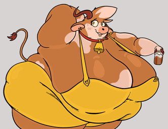 anthro bell bell_collar belly beverage big_belly big_breasts bodily_fluids breasts brown_body brown_fur candy chocolate chocolate_milk cleavage clothed clothing collar cowbell cowbell_collar dessert ear_piercing fat_arms female flavored_milk food fur hair hand_behind_head holding_beverage holding_milk_bottle holding_object huge_breasts looking_at_viewer love_handles milk nervous nervous_smile obese obese_anthro obese_female overalls overweight overweight_anthro overweight_female piercing shortalls simple_background smile solo standing sweat sweatdrop three-quarter_view yellow_eyes bellbites bovid bovine cattle mammal 2025 digital_media_(artwork) portrait three-quarter_portrait