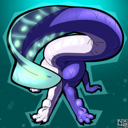 ambiguous_gender anthro bioluminescence bodily_fluids butt claws feet fin glistening glowing membrane_(anatomy) paws pink_body pink_skin purple_body purple_skin solo split_color sweat tail thick_tail toes webbed_feet nx-42 hellaverse helluva_boss leviathan_(helluva_boss) aquatic demon fish reptile scalie snake 1:1 absurd_res hi_res