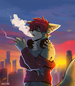anthro building cigarette city city_background claws clothing electronics eyes_closed fur green_body green_fur hair headphones male neck_tuft red_clothing red_hair red_sweater red_topwear sky skyscraper smoke smoking smoking_cigarette solo sunset sweater tail topwear tuft akajjaz mars_(murring) canid canine canis fox hybrid mammal wolf absurd_res hi_res
