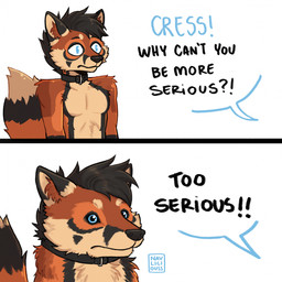 anthro black_collar blue_eyes collar dialogue male navliciouss+cress_(tartii) simple_background solo text navliciouss too_serious cress_(tartii) canid canine fox mammal 1:1 comic english_text hi_res meme