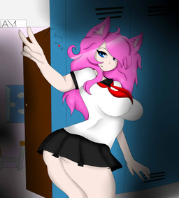 anthro big_breasts blue_eyes bottomwear breasts butt butt_pose clothed clothing cloud female hair looking_at_viewer miniskirt pink_hair pose school skirt solo upskirt yukosenragon erzabloodred canid canine fox mammal absurd_res hi_res