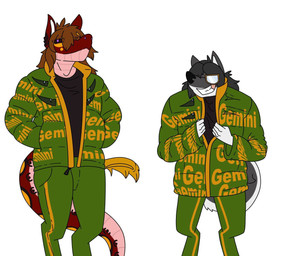 anthro black_hair bottomwear brown_hair clothing eyewear glasses green_bottomwear green_clothing green_jacket green_pants green_topwear grey_hair group hair jacket looking_at_viewer male male/male multi_eye multi_limb multicolored_body pants simple_background smile smiling_at_viewer smirk smirking_at_viewer tail topwear trio servo117 gemini_the_sergal animate_inanimate canid canine living_clothing mammal compression_artifacts digital_media_(artwork)