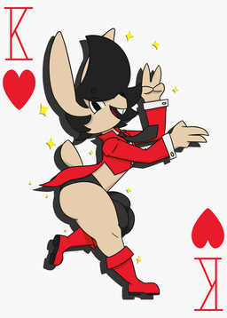 anthro balls big_balls big_butt black_hair boots buckteeth bulge butt card clothed clothing femboy footwear fully_clothed genitals gesture hair hand_gesture happy huge_balls king_of_hearts male necktie playing_card red_clothing shoes side_view skimpy solo sparkles spiky_hair teeth thong underwear v_sign dorkusprimearts bunn_breedsalop lagomorph leporid mammal rabbit absurd_res hi_res