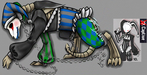 all_fours anthro bodypaint bone bound chain chained clothing clown_makeup costume face_paint feral fool's_hat hat headgear headwear jester male skeleton solo tail zeryxis monster