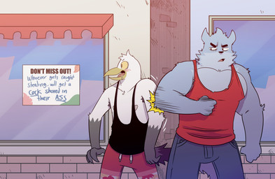 annoyed anthro armpit_hair armpit_tuft aroused aroused_face aroused_male aroused_smile barazoku beak biceps big_muscles big_pecs black_clothing black_shirt black_tank_top black_topwear blue_body blue_bottomwear blue_clothing blue_fur blue_jeans blue_pants blush blush_lines bodily_fluids body_hair bottomwear clothing denim denim_bottomwear denim_clothing drawstring drawstring_bottomwear drawstring_shorts duo eyebrows feathers fist frown frown_eyebrows frowning_at_another frowning_at_partner fur grey_body grey_feathers jeans larger_anthro larger_male male male/male manly muscular muscular_anthro muscular_arms muscular_male muscular_thighs nipples open_mouth pants pecs police police_officer profanity red_bottomwear red_clothing red_shirt red_shorts red_tank_top red_topwear robber saliva saliva_on_tongue shirt shorts shoving size_difference smaller_anthro smaller_male store store_sign store_window tail tank_top temptation tempting text thick_arms thick_eyebrows thick_thighs thief threatening threatening_rape tongue topwear white_body white_feathers window yellow_beak yellow_eyes t0l0k colson_(t0l0k) theo_(t0l0k) avian bird canid canine canis gull lari larid mammal wolf english_text hi_res