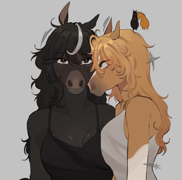 anthro asymmetrical_breast_frottage biped breast_squish breasts breasts_frottage clothed clothed_anthro clothed_female clothing duo female front_view fur hair looking_at_another looking_at_viewer squish standing raccoattack equid equine horse mammal 2025 digital_drawing_(artwork) digital_media_(artwork) hi_res