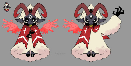 3_eyes ambiguous_gender angry anthro bell bell_collar black_body black_sclera cape clothing collar cross curved_horn fur grey_background holding_clothing holding_object hooves horn levitation long_horn multi_eye pupils raised_hand red_clothing red_wings simple_background small_wings solo unusual_pupils white_body white_fur wings wool_(fur) tigerarainbowra cult_of_the_lamb massive_monster_(studio) lamb_(cult_of_the_lamb) red_crown_(cult_of_the_lamb) bovid caprine demon mammal sheep 2022 absurd_res dated hi_res model_sheet signature nonbinary_(lore)