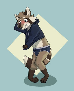 anthro blue_briefs blue_clothing blue_underwear blush briefs clothed clothing embarrassed fluffy fluffy_ears fluffy_tail male pantsless simple_background solo standing tail teeth underwear jonoracc jono mammal procyonid raccoon