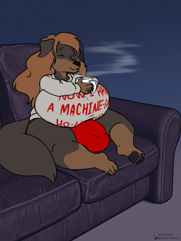 5_toes anthro barefoot big_breasts big_bulge black_nose breasts brown_body brown_hair bulge clothing container cup eyes_closed feet furniture gynomorph hair holding_container holding_cup holding_mug holding_object huge_breasts huge_bulge hyper hyper_bulge intersex mug on_sofa pawpads shirt shortstack shortstack_gynomorph shortstack_intersex sitting sitting_on_sofa smile sofa solo text text_on_clothing text_on_shirt text_on_topwear toes topwear halcy0n roz_(rosstherottie) canid canine canis domestic_dog mammal mastiff molosser rottweiler 2022 3:4 digital_media_(artwork) hi_res