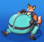 anthro belly belt big_belly bloated blush bodily_fluids clothing fur gloves grabbing green_clothing handwear inflation male nervous nervous_sweat orange_body orange_fur overweight sitting solo spikes sweat white_body white_fur v1sage epic_games fortnite fennix_(fortnite) canid canine fox mammal red_fox true_fox hi_res