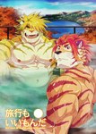 abs anthro bathing duo fur green_eyes hair hot_spring male muscular muscular_anthro muscular_male nipples orange_body orange_fur pecs red_hair striped_body striped_fur stripes water yellow_body yellow_fur tessui160 lifewonders tokyo_afterschool_summoners macan_(tas) nomad_(tas) felid mammal pantherine tiger absurd_res hi_res