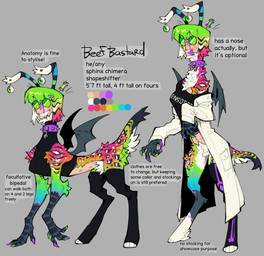 all_fours anthro belly_nipples biped blue_body blue_fur breasts clothing coat collar crop_top crotch_tuft digitigrade eyewear female female_anthro fluffy fur glasses green_body green_fur grey_background grin hair human_faced_feral humanoid_face lab_coat legwear markings multicolored_body multicolored_fur multicolored_hair orange_body orange_fur paws pink_body pink_fur profanity quadruped round_glasses scar shirt short_hair simple_background slim smile solo spots spotted_body spotted_fur standing stockings surgical_suture text thigh_highs topwear tuft unusual_anatomy wearing_glasses white_body white_fur wings yellow_body yellow_fur btascandalist mythology beef_(btascandalist) animal_humanoid canid canid_humanoid canine canine_humanoid canis chimera dog_humanoid domestic_dog felid felid_humanoid humanoid hybrid mammal mammal_humanoid mythological_creature mythological_sphinx sphinx_humanoid english_text hi_res model_sheet nonbinary_(lore)