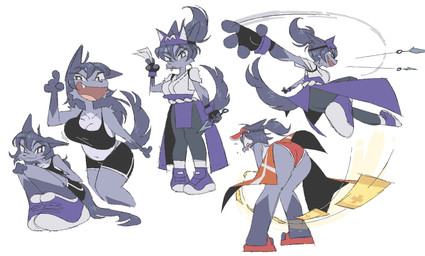 4_fingers anthro arm_tuft big_breasts big_butt black_bottomwear black_clothing black_crop_top black_shirt black_shorts black_topwear blue_body blue_clothing blue_ears blue_eyebrows blue_footwear blue_fur blue_hair blue_shoes blue_tail bottomwear bouncing_breasts breasts butt cleavage clothed clothed_anthro clothed_female clothing countershade_fur countershade_torso countershading crop_top cute_fangs eye_through_hair eyebrows fangs female female_anthro fingerless_gloves fingers footwear front_view fully_clothed fully_clothed_anthro fully_clothed_female fur gloves gloves_(marking) hair handpaw handwear hat headgear headwear holding_knife holding_kunai holding_object knife kunai long_hair markings multicolored_body multicolored_fur narrowed_eyes open_mouth open_smile paws ponytail red_clothing red_footwear red_hat red_headwear red_sandals red_underwear sandals shirt shoes shorts shoulder_tuft simple_background sitting sleeveless_clothing smile solo tail teeth throwing_knife tied_hair topwear translucent translucent_hair tuft underwear upskirt weapon white_background white_clothing white_sclera white_topwear kittykola mini_(puppy_in_space) canid canine canis domestic_dog mammal digital_media_(artwork) full-length_portrait hi_res multiple_images portrait three-quarter_portrait