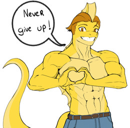 abs anthro belt biceps bottomwear brown_eyes brown_hair clothed clothing denim denim_bottomwear denim_clothing dialogue dorsal_frill frill_(anatomy) gesture hair head_crest head_frill heart_gesture jeans long_tail looking_at_viewer male multicolored_body multicolored_scales muscular muscular_anthro muscular_arms muscular_male pants pecs scales short_hair simple_background smile solo tail talking_to_viewer teeth text topless topless_anthro topless_male two_tone_body two_tone_scales white_background yellow_body yellow_scales chervyarts theriz_always_a_choice kaleb_(taac) dinosaur prehistoric_species reptile saurischian scalie spinosaurid spinosaurus theropod 2025 digital_drawing_(artwork) digital_media_(artwork) english_text hi_res