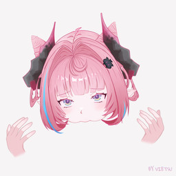 2_horns accessory ahoge blush blush_lines disembodied_hand disembodied_head female floating_hands floating_head glistening glistening_hair hair hair_accessory hair_bun hair_intakes hairclip highlights_(coloring) horn humanoid_pointy_ears looking_at_viewer misleading_thumbnail multicolored_eyes negative_space not_furry pink_hair pointy_ears short_hair simple_background solo suggestive_look text white_background vietsu arknights arknights_endfield hypergryph mythology negative_space_oral_(meme) studio_montagne yvonne_(arknights) animal_humanoid dragon dragon_humanoid horned_humanoid humanoid mythological_creature mythological_scalie scalie 1:1 artist_name digital_drawing_(artwork) digital_media_(artwork) hi_res meme