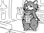 anthro apron apron_only belly big_belly breasts cleavage clothed clothing female freckles furniture half-closed_eyes huge_thighs hungry inside lidded_eyes looking_away mostly_nude narrowed_eyes overweight overweight_anthro overweight_female rumbling_stomach sewing_machine solo standing thick_thighs shweetmagnet animal_crossing nintendo sable_able eulipotyphlan hedgehog mammal 2023 4:3 digital_media_(artwork) greyscale monochrome