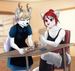 anthro antlers apron beverage blush bread breasts clothed clothing croissant duo female food fully_clothed furniture horn pastry plate smile table e-pon canid canine canis domestic_cat felid feline felis mammal wolf