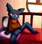 anthro bed blue_body blue_fur bottomless bottomless_female brown_clothing brown_shirt brown_topwear casual_exposure clothed clothing female fur furniture genitals highlights_(coloring) notched_ear null_symbol on_bed pussy red_eyes shirt sitting sitting_on_bed solo spread_legs spreading topwear embertail803 night_in_the_woods mae_borowski felid feline mammal cel_shading hi_res shaded