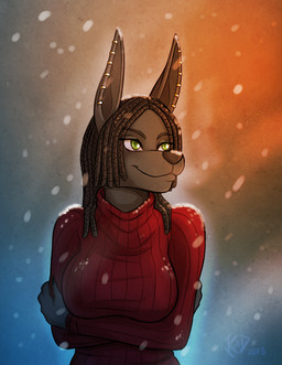 anthro black_hair breasts clothed clothing crossed_arms dreadlocks ear_piercing female front_view gold_(metal) green_eyes hair outside piercing smile snow solo sweater topwear winter conditional_dnp kadath nightshade_(kadath) anubian_jackal canid canine canis jackal mammal 2013 digital_media_(artwork) half-length_portrait portrait