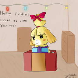 accessory anthro bow_(feature) bow_accessory bow_ribbon box christmas_decorations christmas_lights container decoration dialogue female filing_cabinet fur gift gift_box hair_accessory hair_bow hair_ribbon in_box in_container inside kneeling looking_at_viewer multicolored_body multicolored_fur nude office ribbons smile solo string_lights text toony two_tone_body two_tone_fur trippybunny animal_crossing nintendo isabelle_(animal_crossing) canid canine canis domestic_dog mammal shih_tzu toy_dog 1:1 2020 digital_media_(artwork) english_text