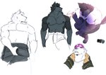 anthro balisong bulge butterfly_knife clothed clothing clothing_grab detailed_bulge genital_outline headgear headkerchief headwear jacket kerchief knife male penis_outline shirt solo topless topless_male topwear goonie-san goon_(goonie_san) canid canine canis mammal wolf colored_sketch hi_res shaded sketch