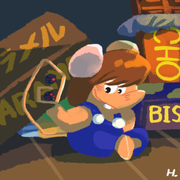 anthro biped brown_body brown_hair candy chibi chocolate clothed clothing d6 dessert dice food hair micro sitting smile solo text hikari_gamba gamba_no_bouken gamba_no_bouken_(series) ikasama mammal mouse murid murine rodent 1:1 2024 english_text hi_res japanese_text