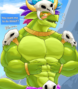 abs anthro biceps blush bracelet dialogue feathered_headdress flustered green_body index_to_index jewelry male muscular muscular_anthro muscular_arms muscular_male necklace pecs pink_eyes skull_accessory skull_helmet solo tail talking_to_viewer text tribal tribal_clothing yellow_sclera 8eh3moth terraria shimmered_witch_doctor witch_doctor_(terraria) lihzahrd lizard reptile scalie 2026 digital_media_(artwork) english_text half-length_portrait hi_res portrait url