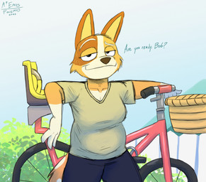 anthro basket bedroom_eyes bicycle black_bottomwear black_clothing black_pants bottomwear brown_body brown_fur clothing container countershading detailed_background female fence fur grey_clothing grey_shirt grey_topwear looking_at_viewer narrowed_eyes pants seductive shirt sky smile smiling_at_viewer solo topwear vehicle a9ymus bluey_(series) chilli_heeler australian_cattle_dog canid canine canis cattledog domestic_dog herding_dog mammal pastoral_dog 2025 digital_media_(artwork) hi_res shaded
