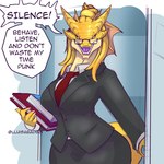 anthro book business_suit clothed clothing command dialogue female fin formal_wear fully_clothed head_fin holding_book holding_object horn looking_at_viewer necktie pupils scales sharp_teeth slit_pupils solo speech_bubble suit teacher teeth text wide_hips yellow_body yellow_eyes yellow_scales lluisabadias dungeons_and_dragons hasbro mythology wizards_of_the_coast dragon dragon_(dnd) gold_dragon_(dnd) mythological_creature mythological_scalie scalie 1:1 2024 absurd_res digital_media_(artwork) english_text hi_res