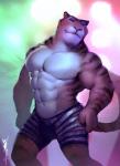 abs anthro biceps big_muscles biped black_body black_fur black_mascara bottomwear clothed clothing countershading eyeshadow femboy fur green_eyes looking_at_viewer makeup male manly mascara muscular muscular_anthro muscular_femboy muscular_male navel orange_body orange_fur pecs pose purple_eyeshadow shorts smile solo standing stripes topless whiskers white_body white_fur zootopia_shorts dalluwn disney zootopia tiger_dancer_(zootopia) felid mammal pantherine tiger 2016